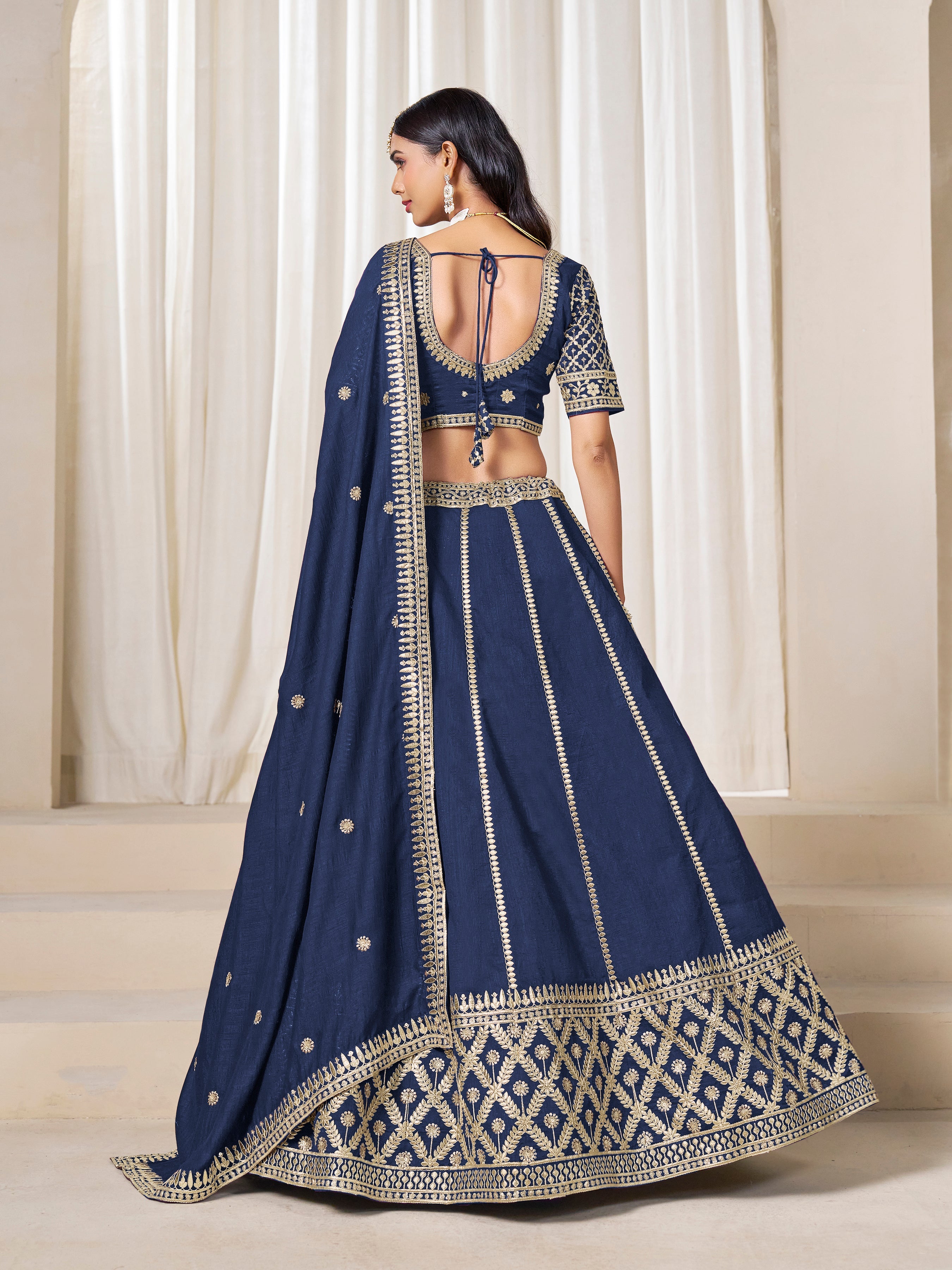 Navy Blue Art Silk Wedding Wear Lehenga Choli Set