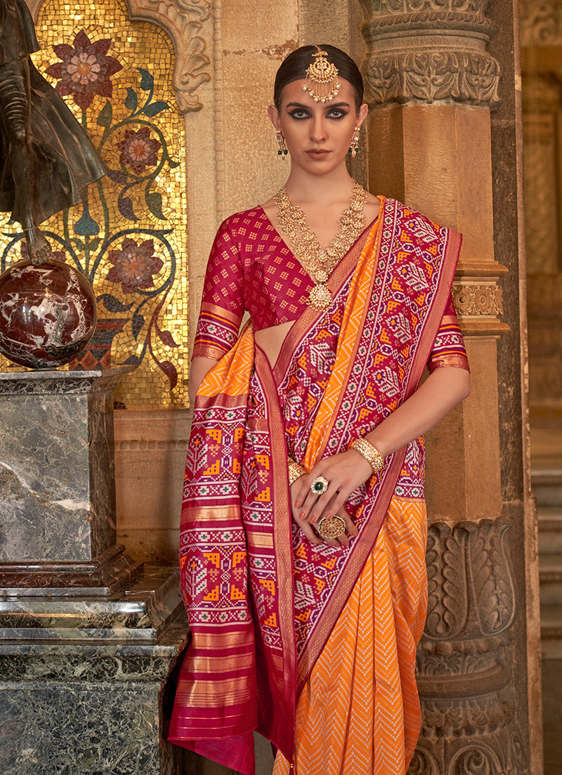Mustard Silk Patola Print Work Saree