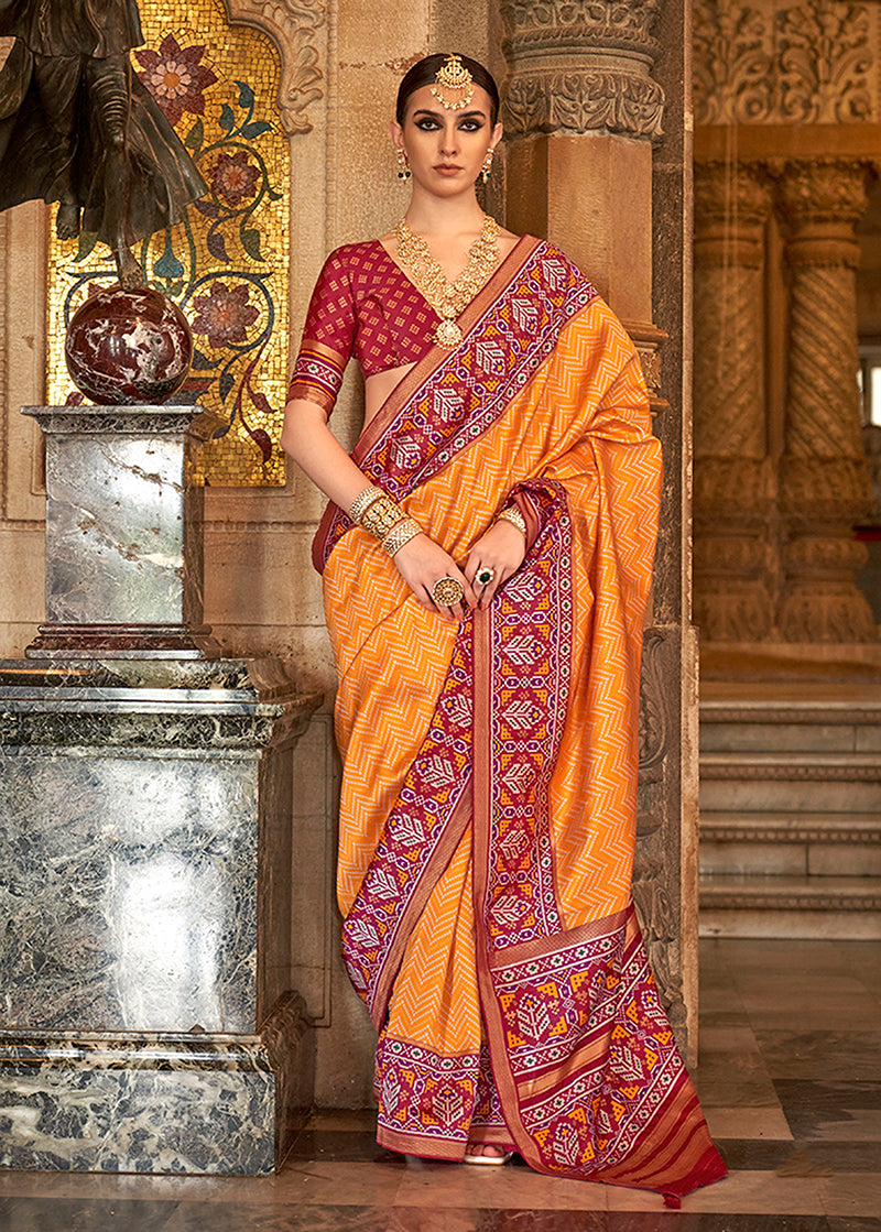 Mustard Silk Patola Print Work Saree