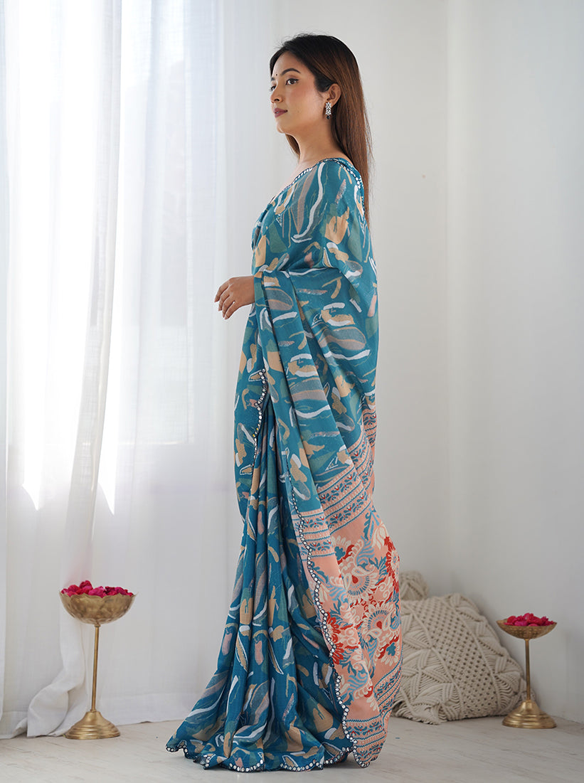 Teal Chinon Digital Print Mirror Cut Work Saree