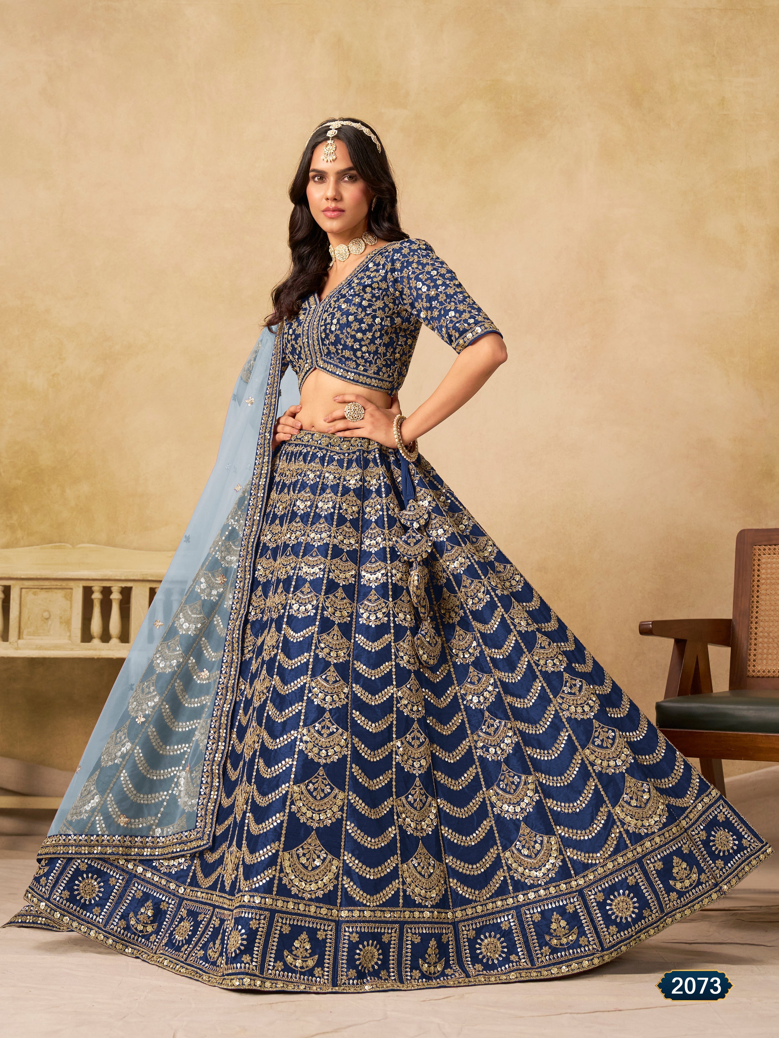 Navy blue Color Zari Embroidered Work Art Silk A Line Lehenga Choli