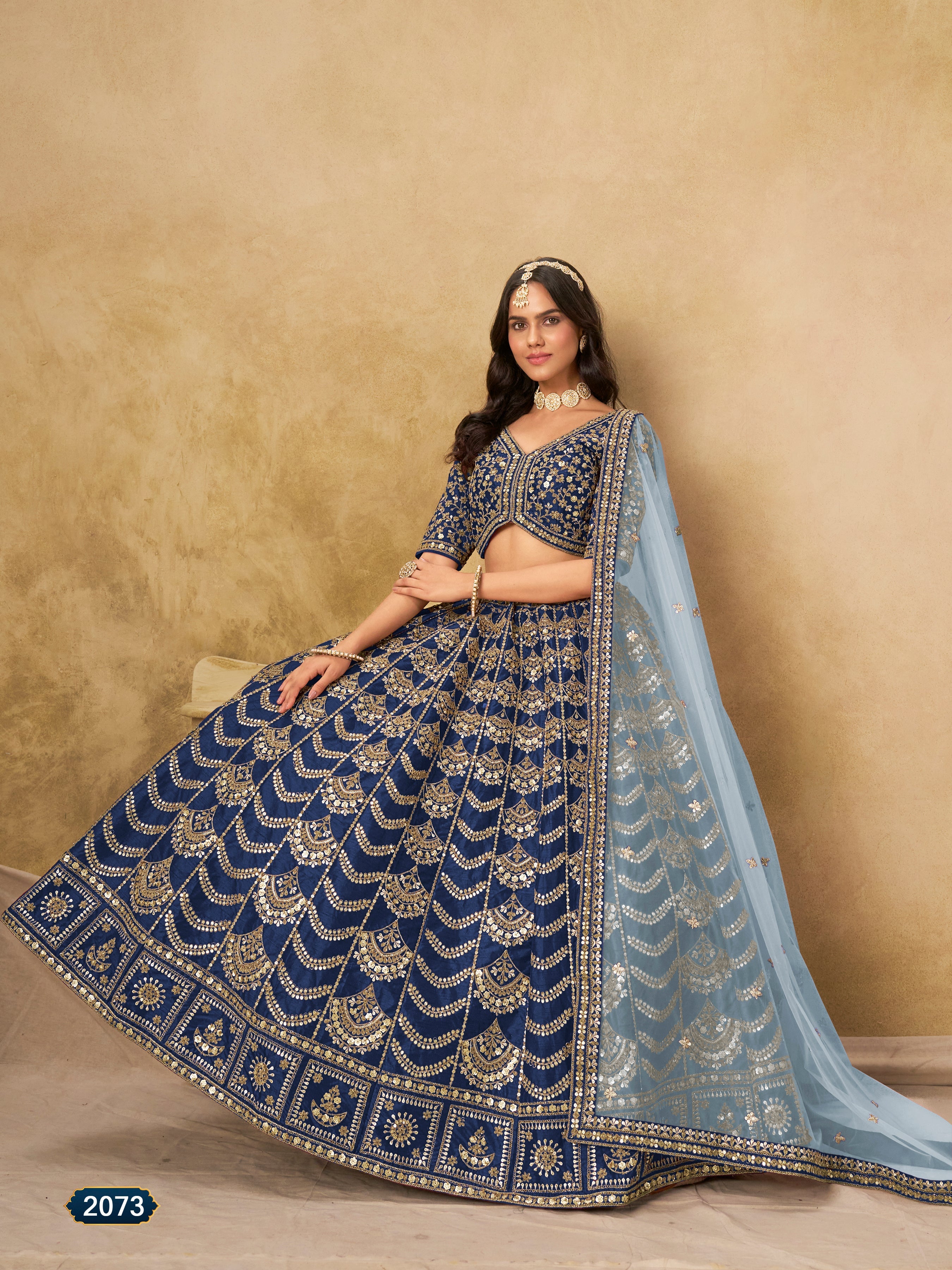 Navy blue Color Zari Embroidered Work Art Silk A Line Lehenga Choli