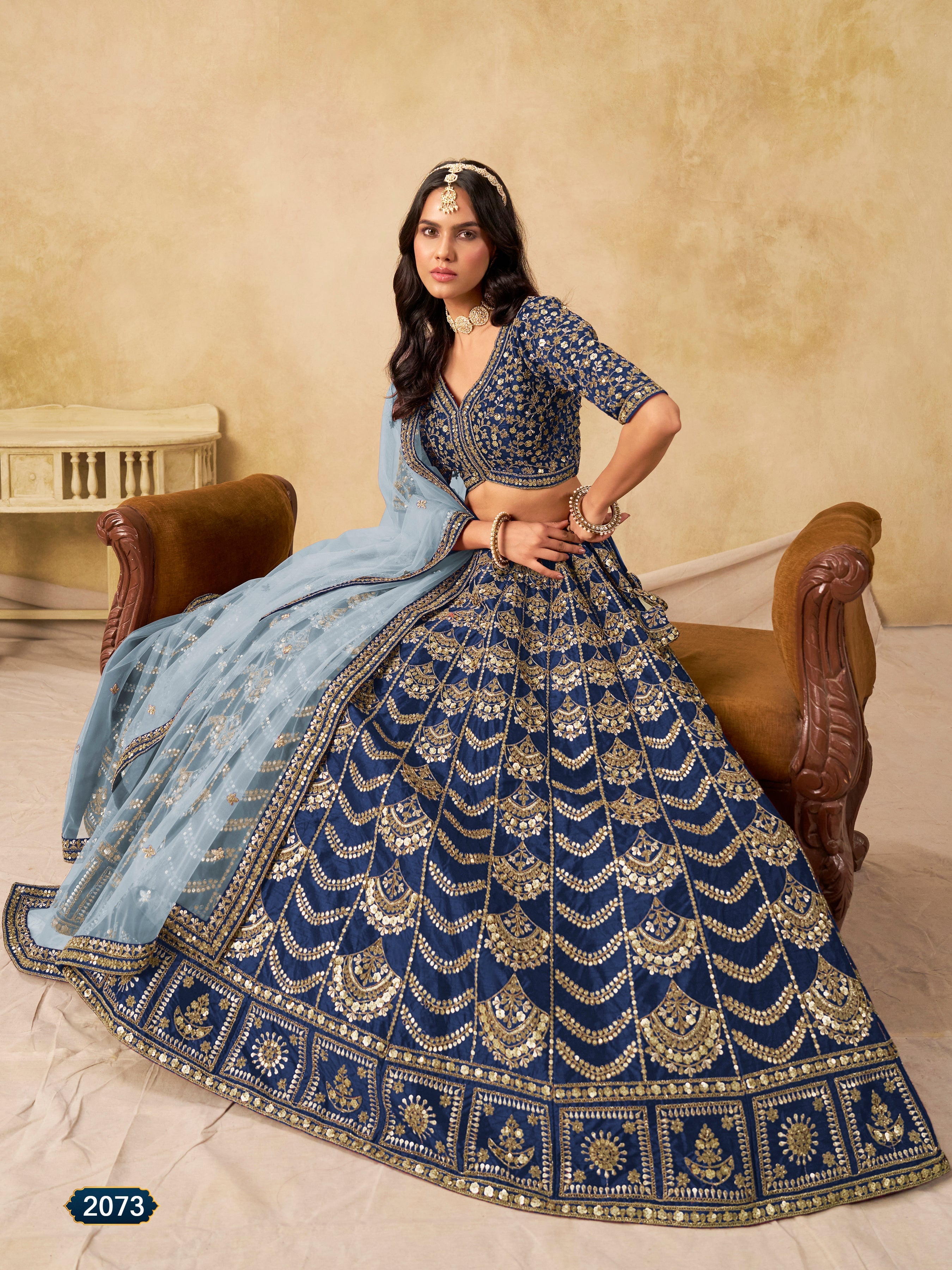 Navy blue Color Zari Embroidered Work Art Silk A Line Lehenga Choli
