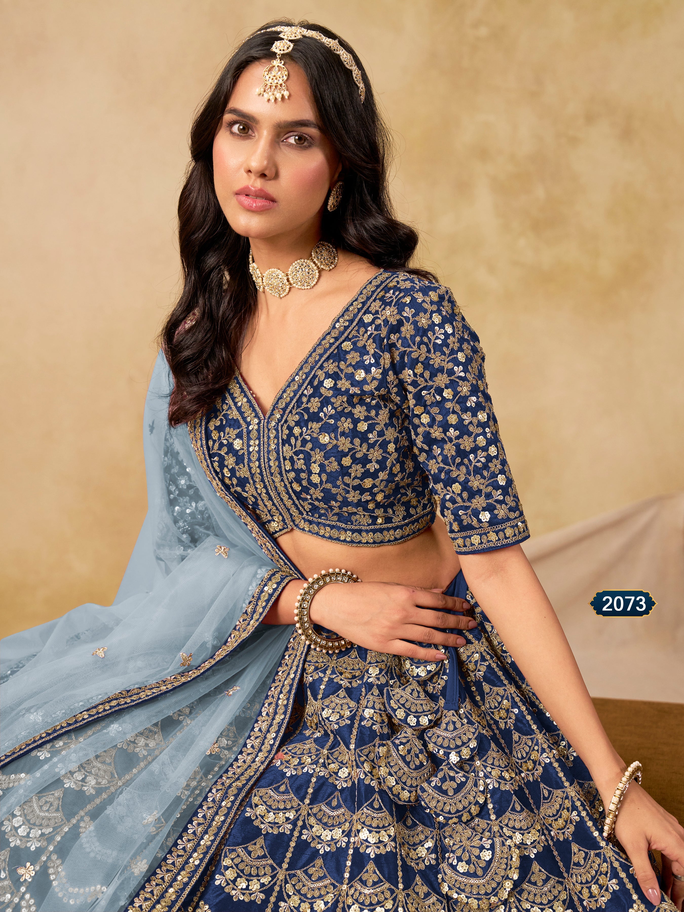 Navy blue Color Zari Embroidered Work Art Silk A Line Lehenga Choli