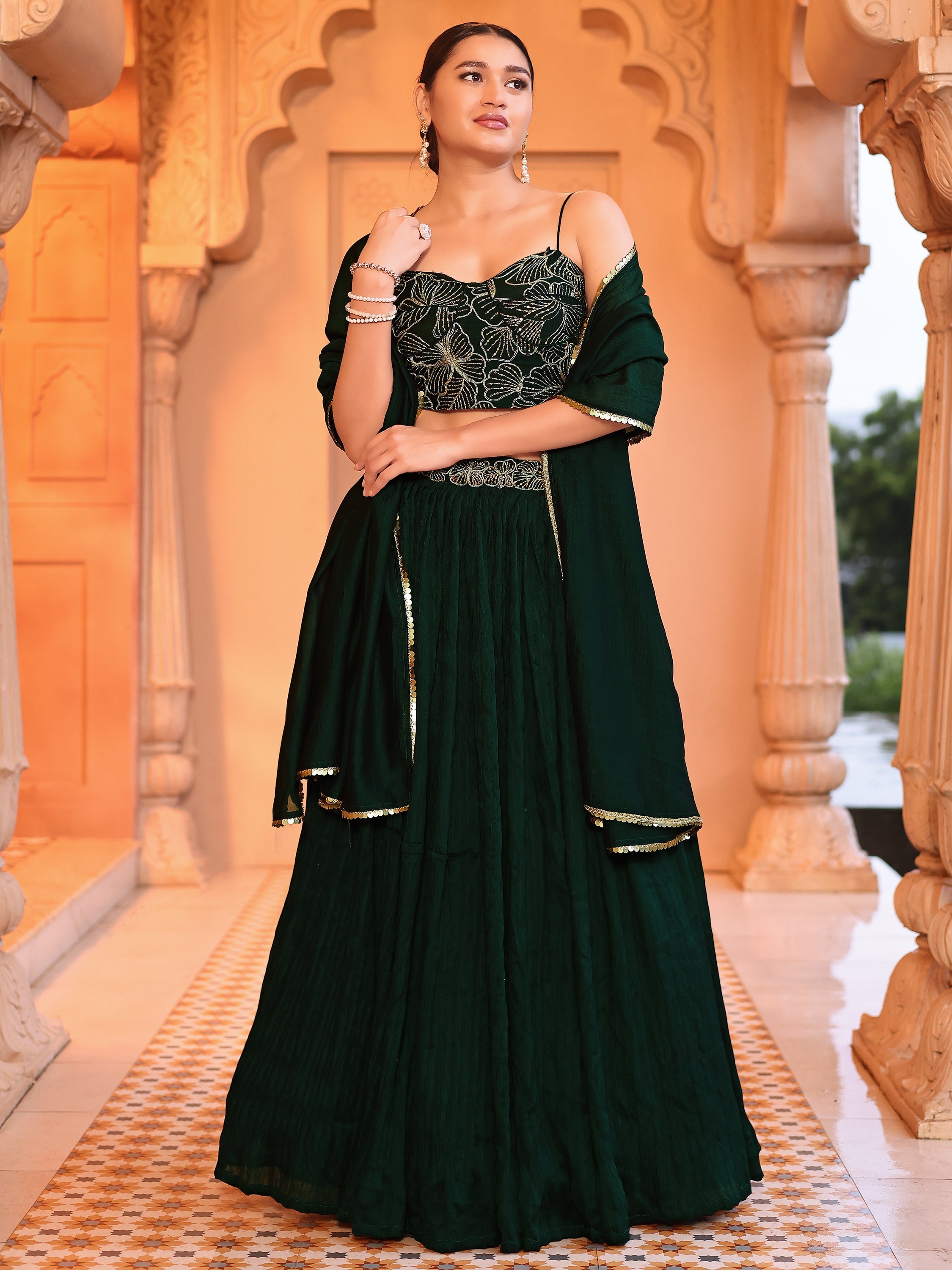 Green Crush Silk Lehenga with Designer Blouse & Dupatta