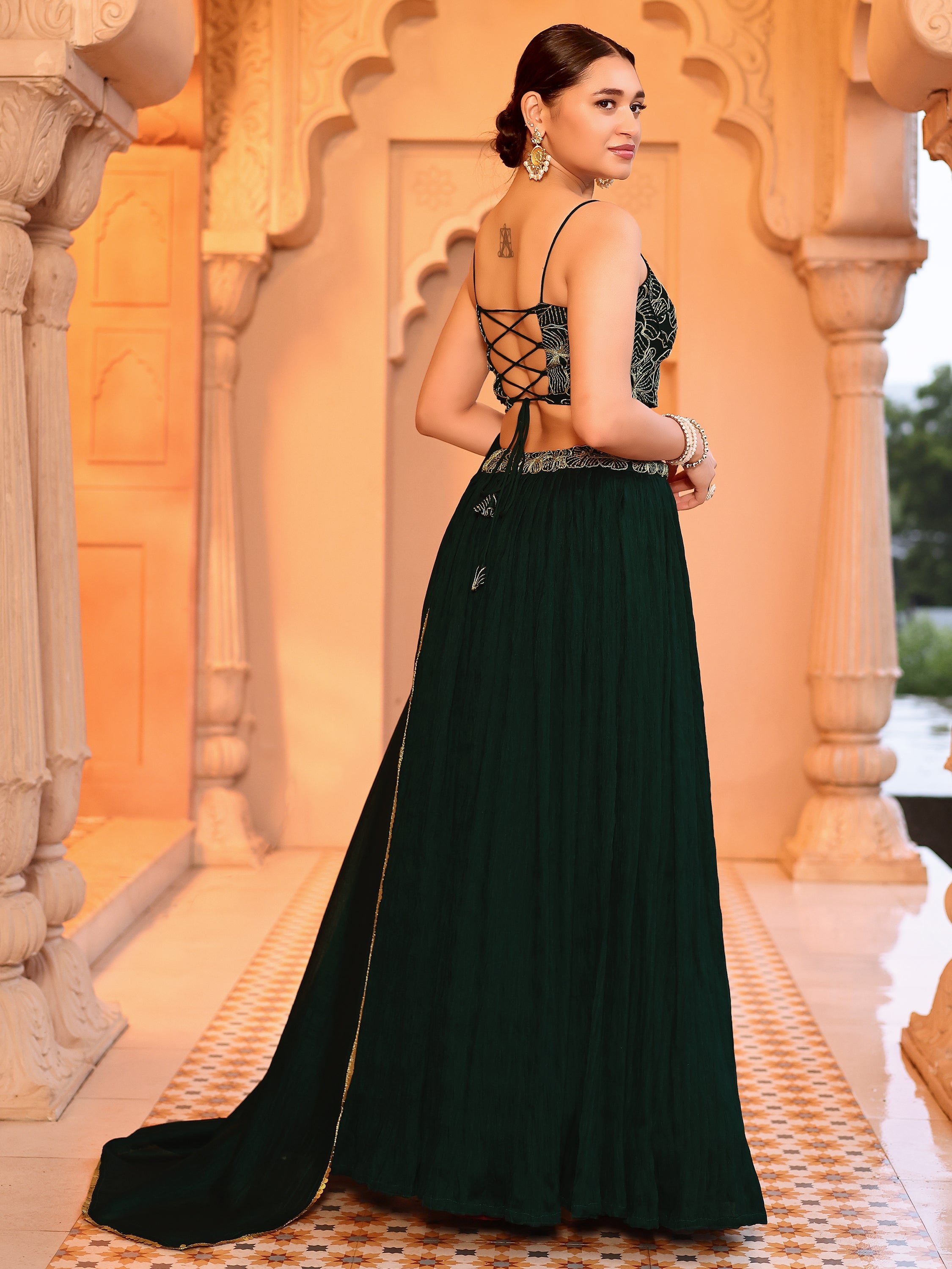 Green Crush Silk Lehenga with Designer Blouse & Dupatta