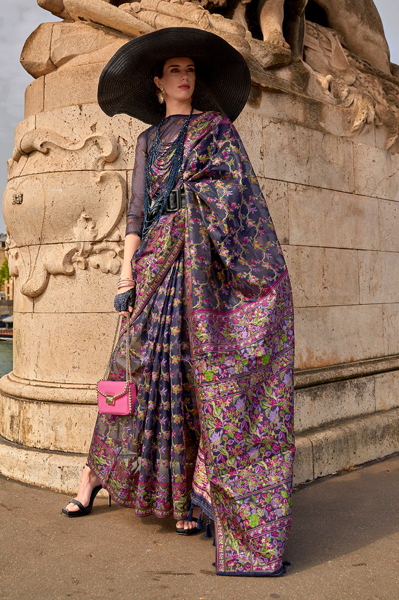 Navy Blue Embellished Organza Woven Contemporary Saree