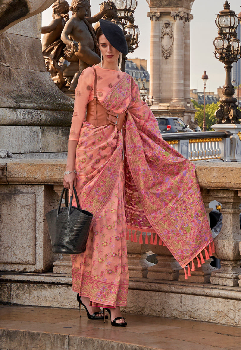Peach Embellished Organza Woven Contemporary Saree