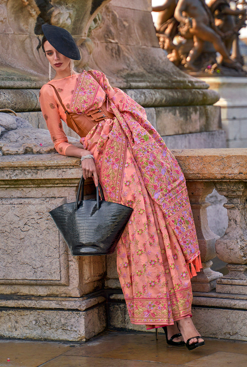 Peach Embellished Organza Woven Contemporary Saree