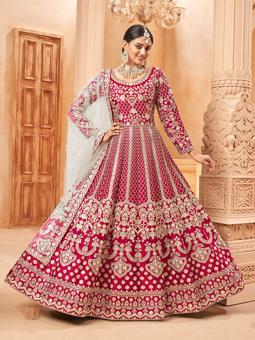 Maroon Art silk Embroidered Partywear Anarkali Suit - Monjolika Fashion