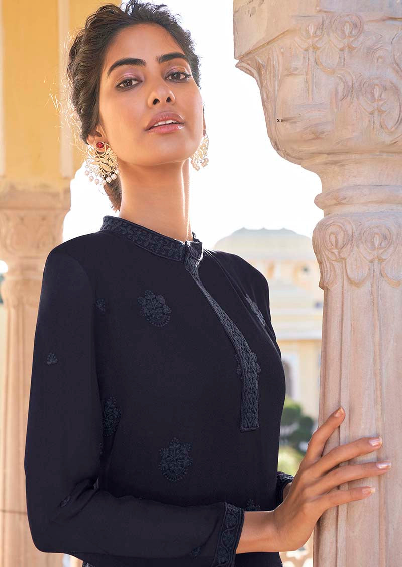 Navy blue Georgette Embroidered Muslin Pant Style Suit