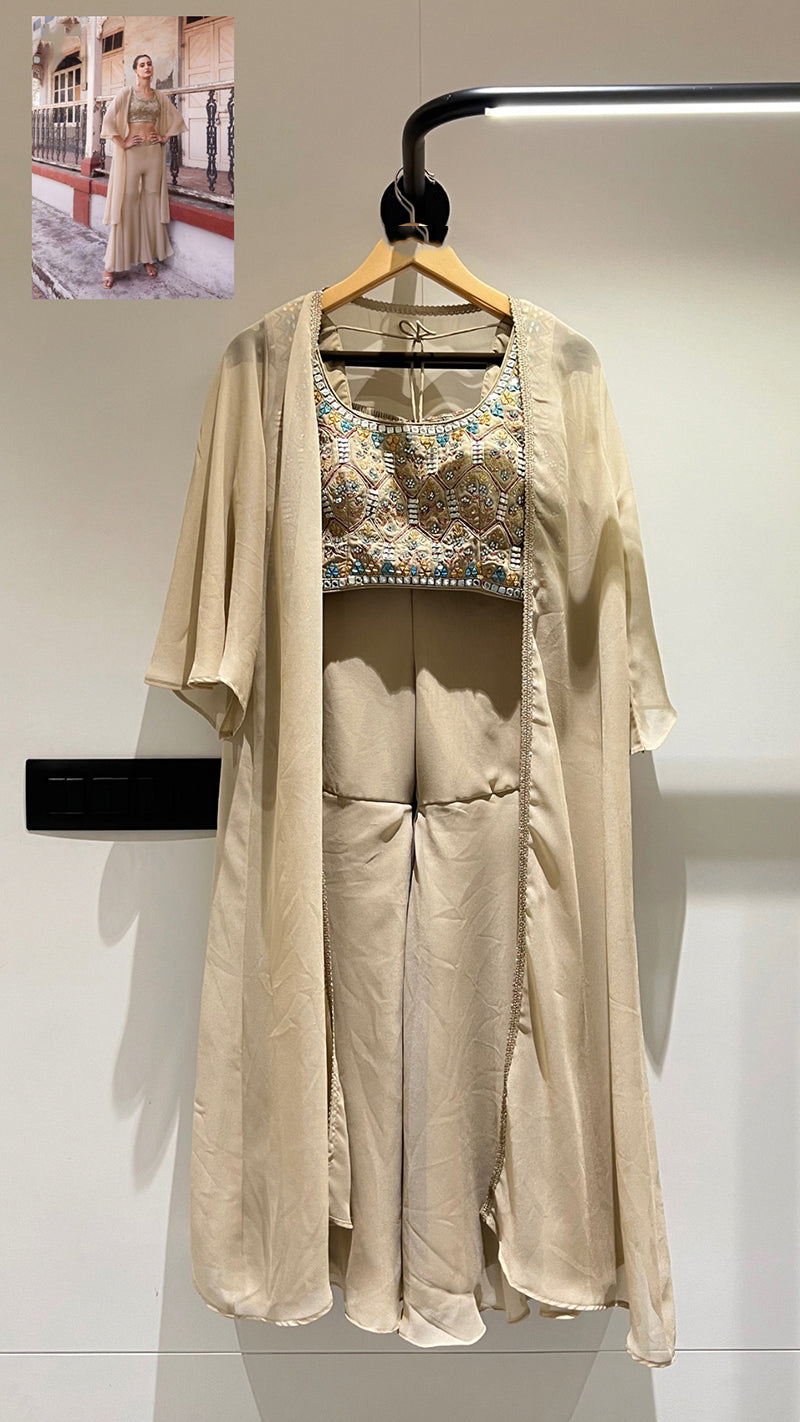 Cream Georgette Embroidered Top Bottom Set With Cape
