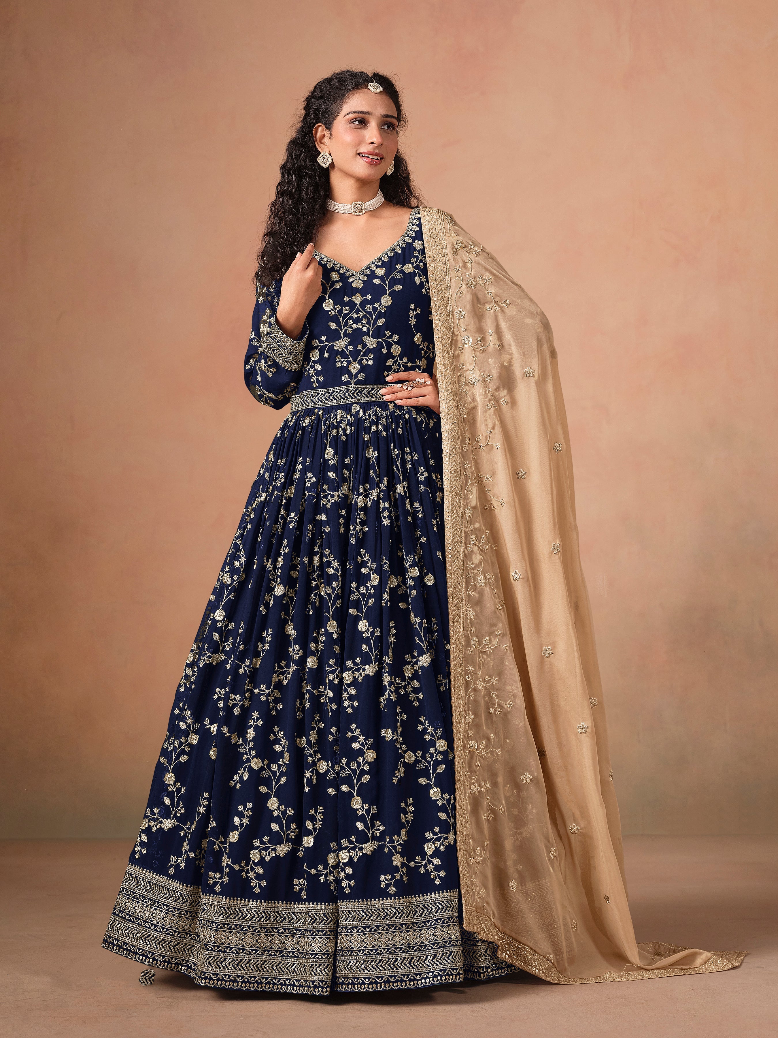 Navy blue Georgette Heavy Embroidered work Anarkali Suit
