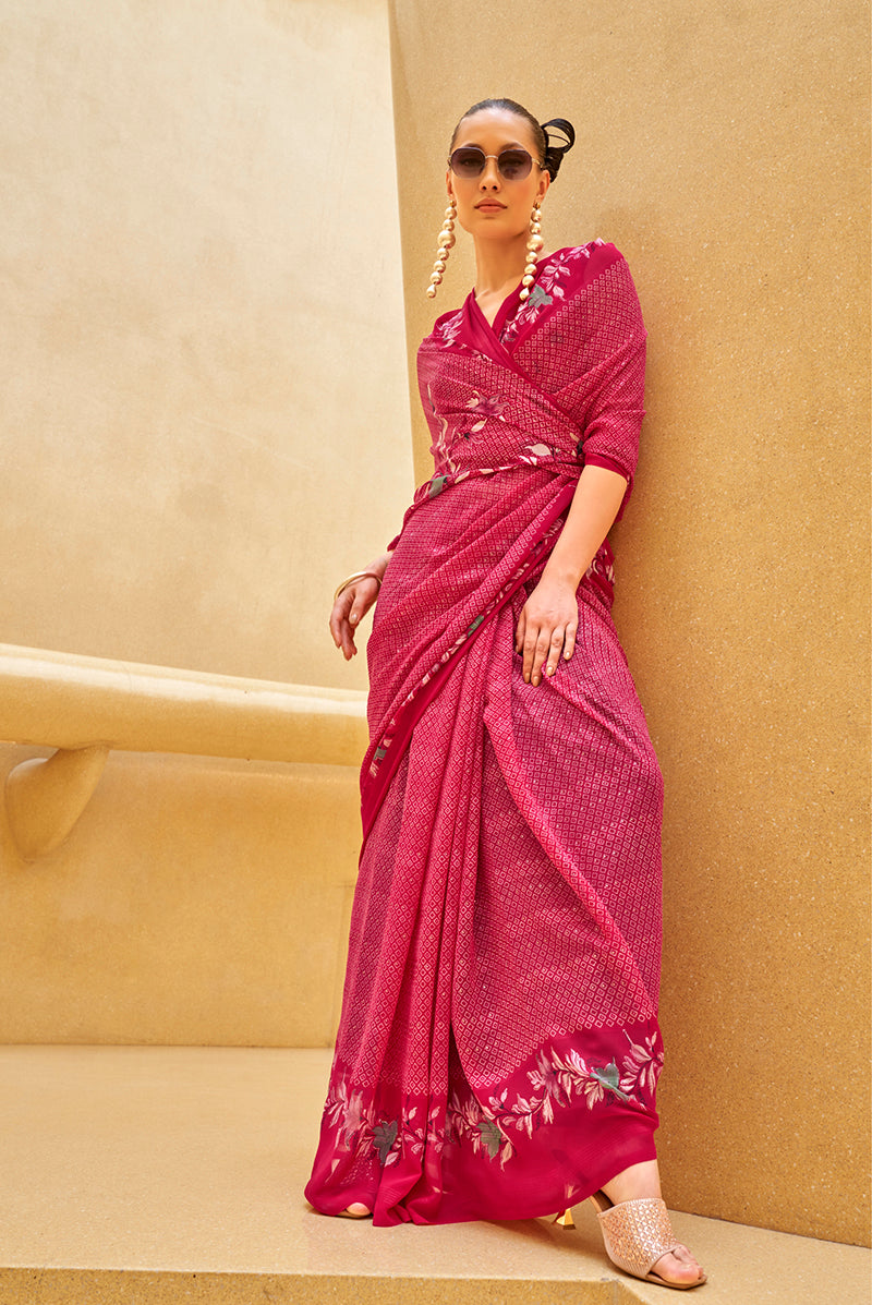 Rani Pink Georgette Printed Saree