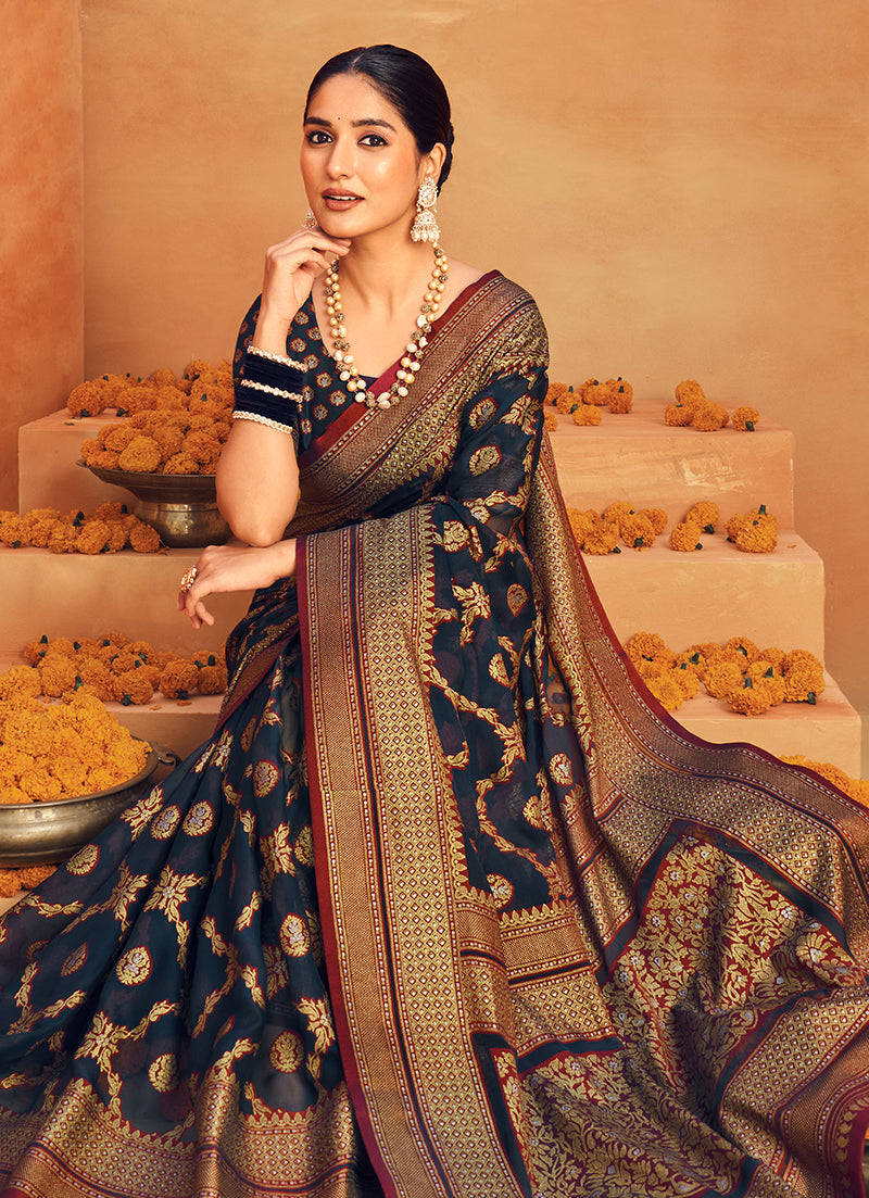 Navy Blue Georgette Printed Zari Woven Saree