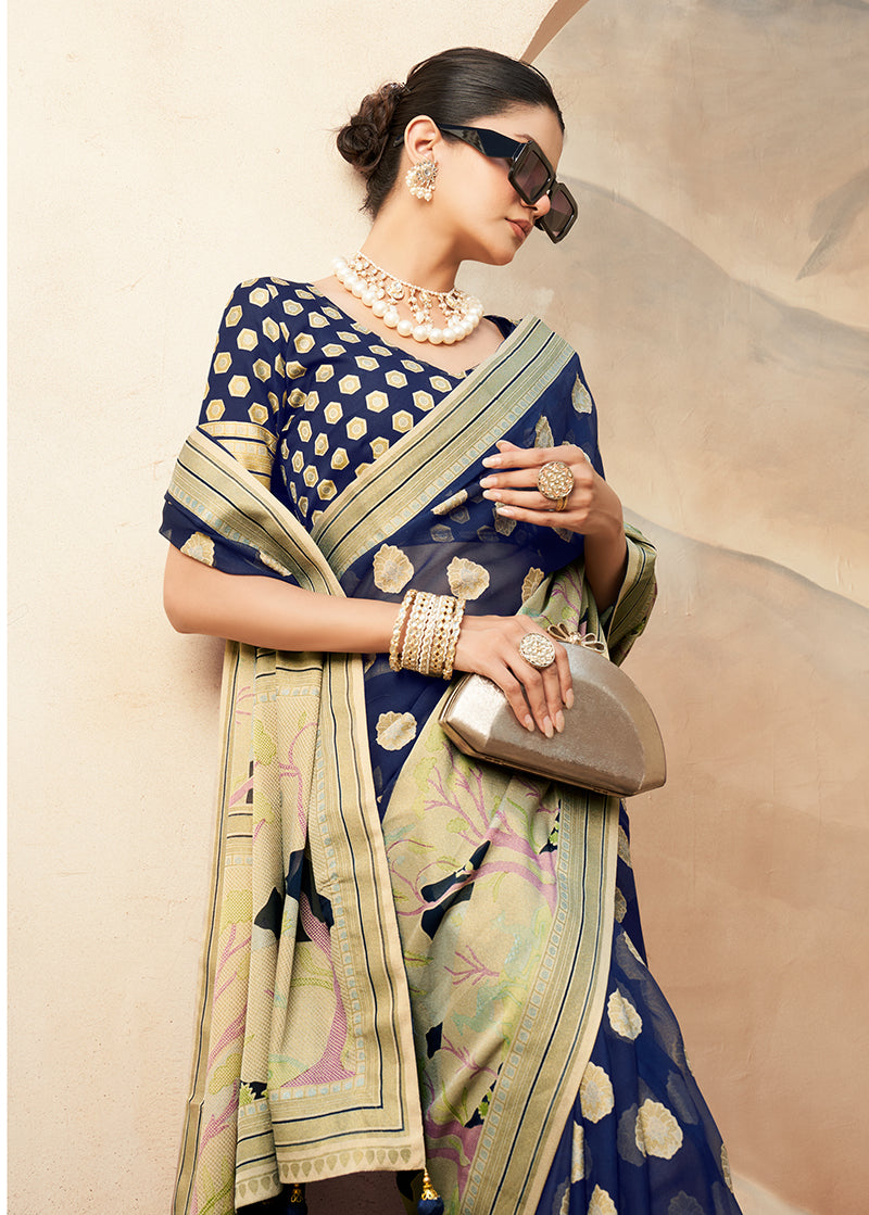 Navy Blue Georgette Weaving Zari Printed Saree