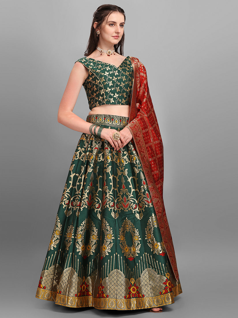 Dark Green Jacquard Zari Woven Lehenga With Red Banarasi Dupatta