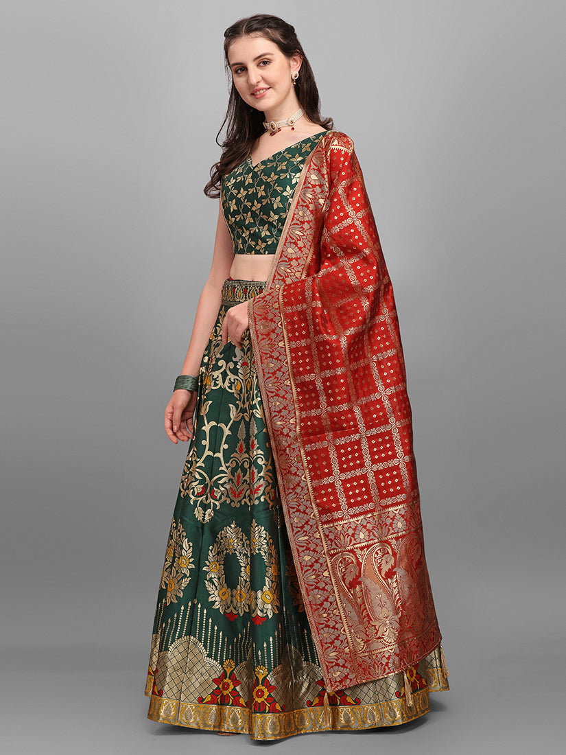 Dark Green Jacquard Zari Woven Lehenga With Red Banarasi Dupatta