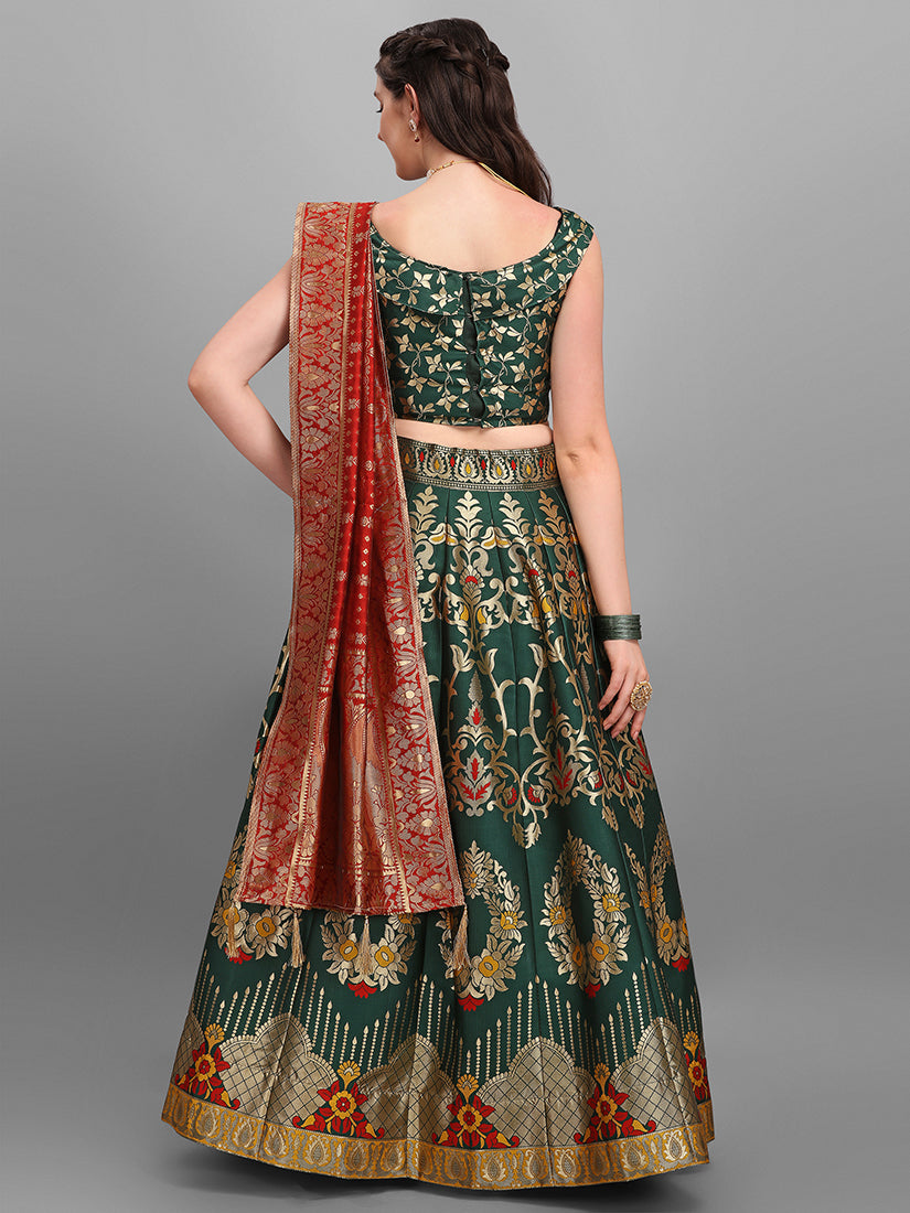 Dark Green Jacquard Zari Woven Lehenga With Red Banarasi Dupatta