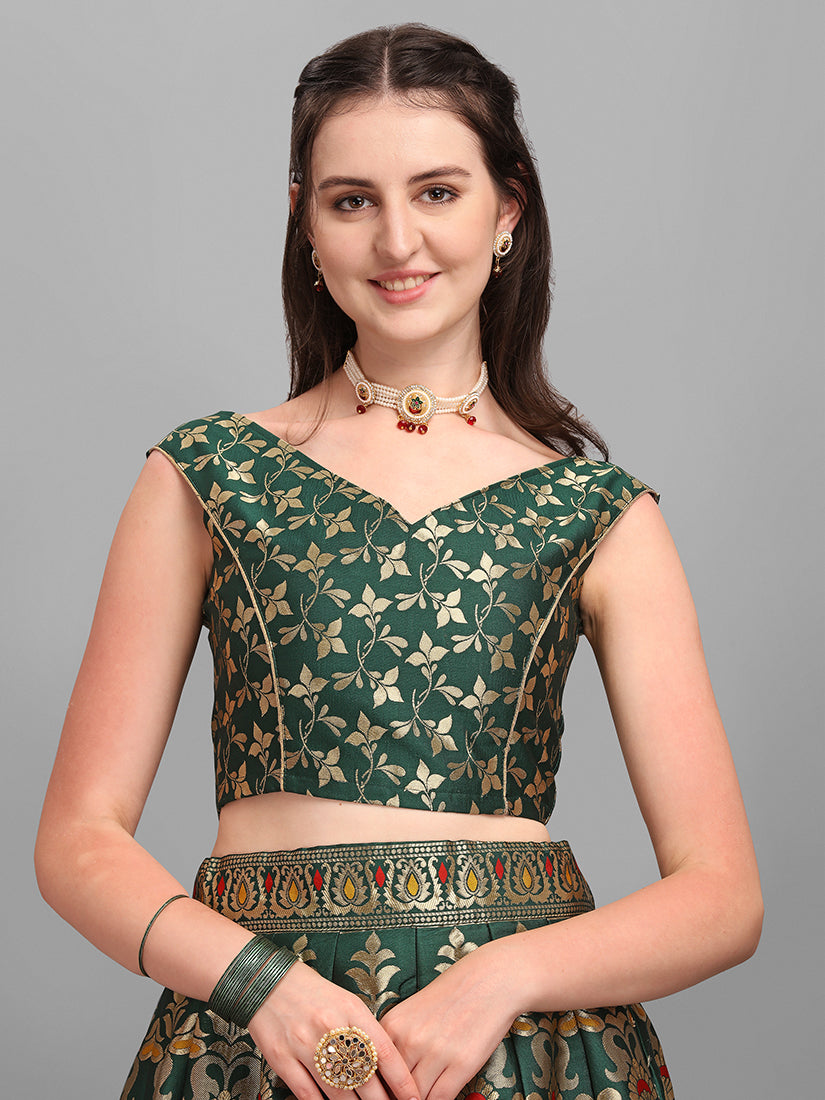 Dark Green Jacquard Zari Woven Lehenga With Red Banarasi Dupatta