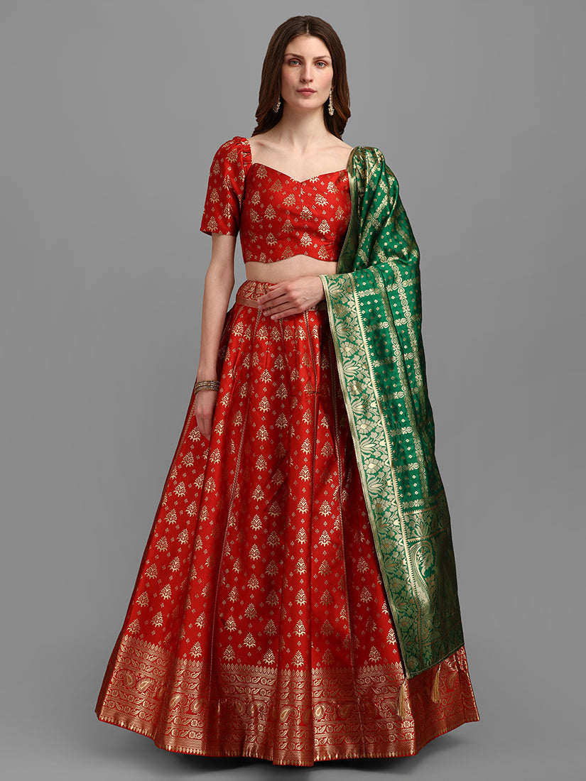 Red Jacquard Zari Woven Lehenga Choli With Banarasi Dupatta