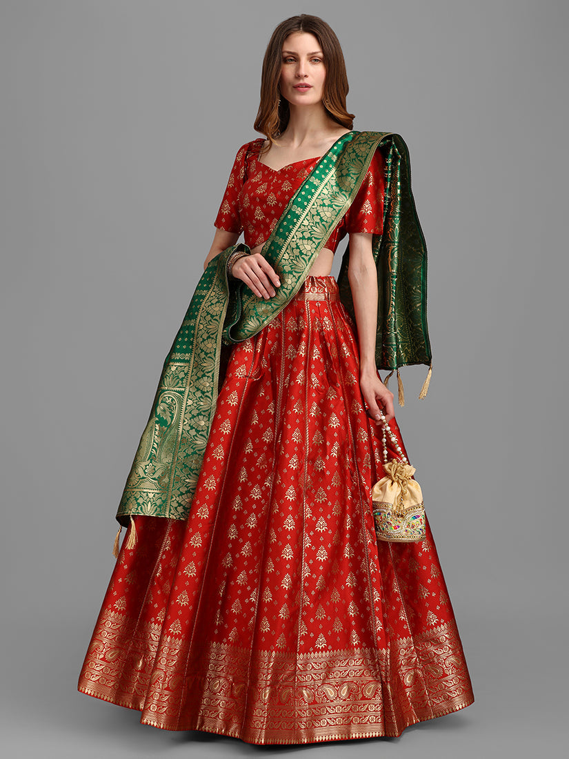 Red Jacquard Zari Woven Lehenga Choli With Banarasi Dupatta
