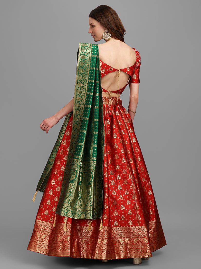 Red Jacquard Zari Woven Lehenga Choli With Banarasi Dupatta