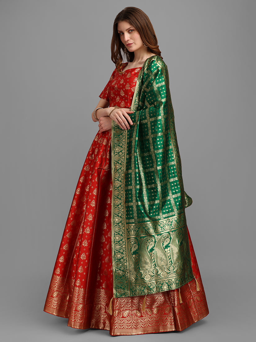 Red Jacquard Zari Woven Lehenga Choli With Banarasi Dupatta