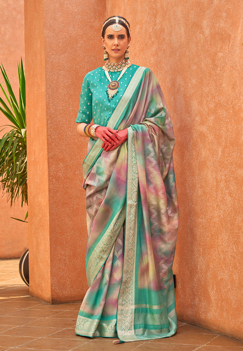 Turquoise Silk Foil Print Saree