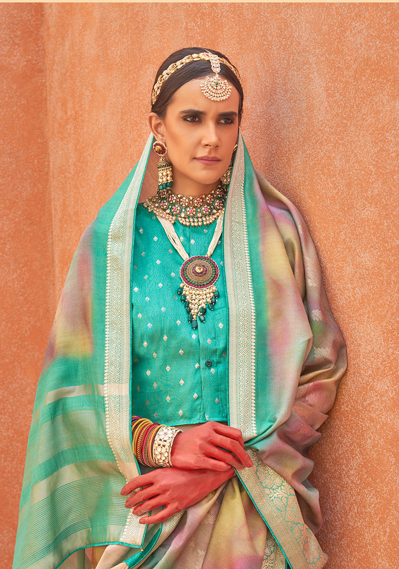 Turquoise Silk Foil Print Saree