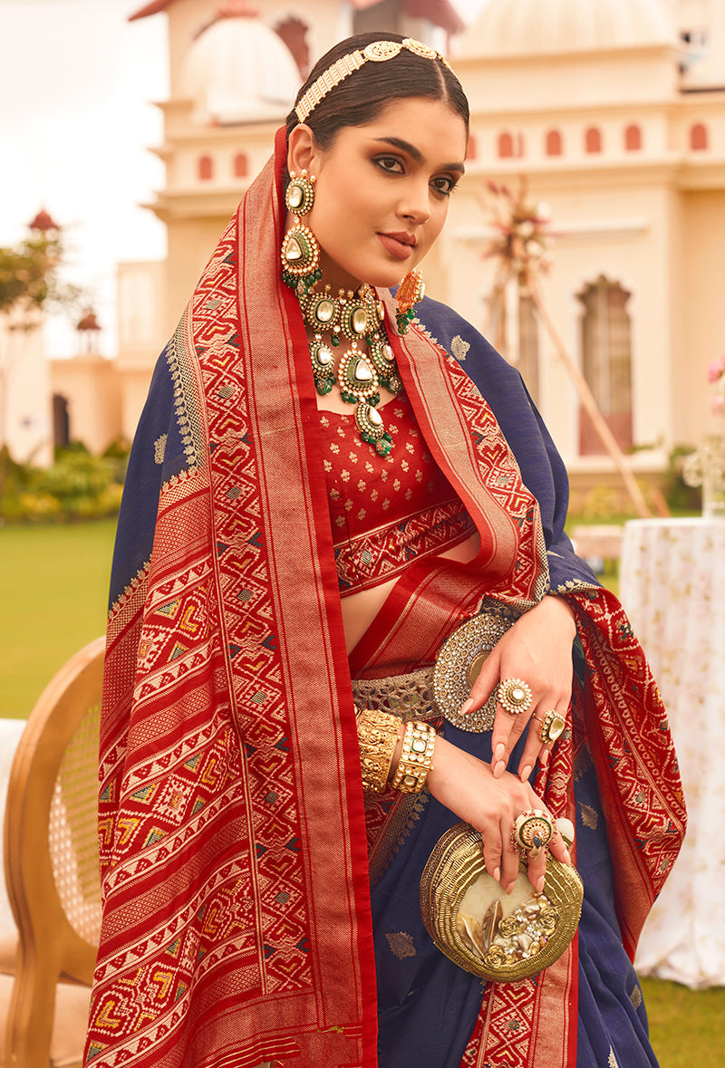 Navy Blue & Maroon Silk patola Printed Saree