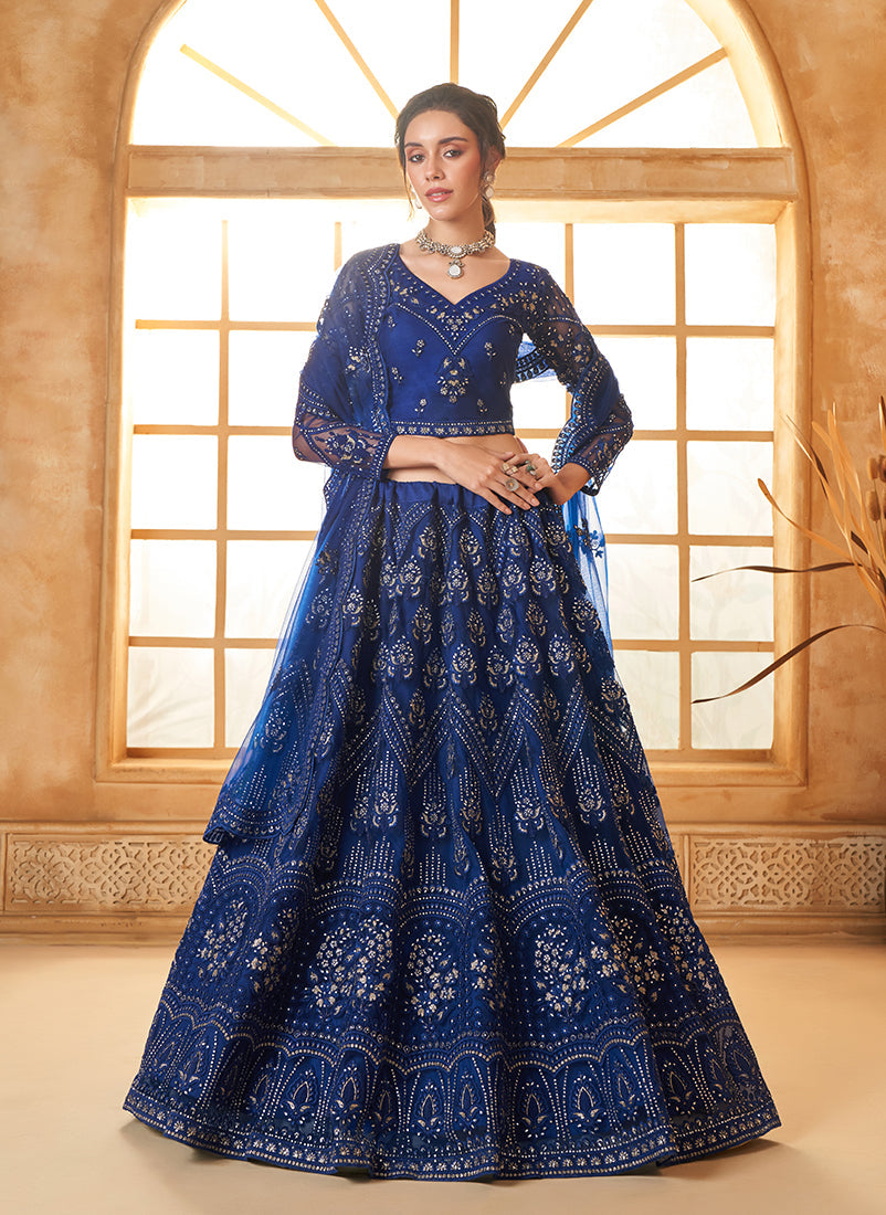 Royal Blue Net Embroidered Designer Bridal Lehenga Choli