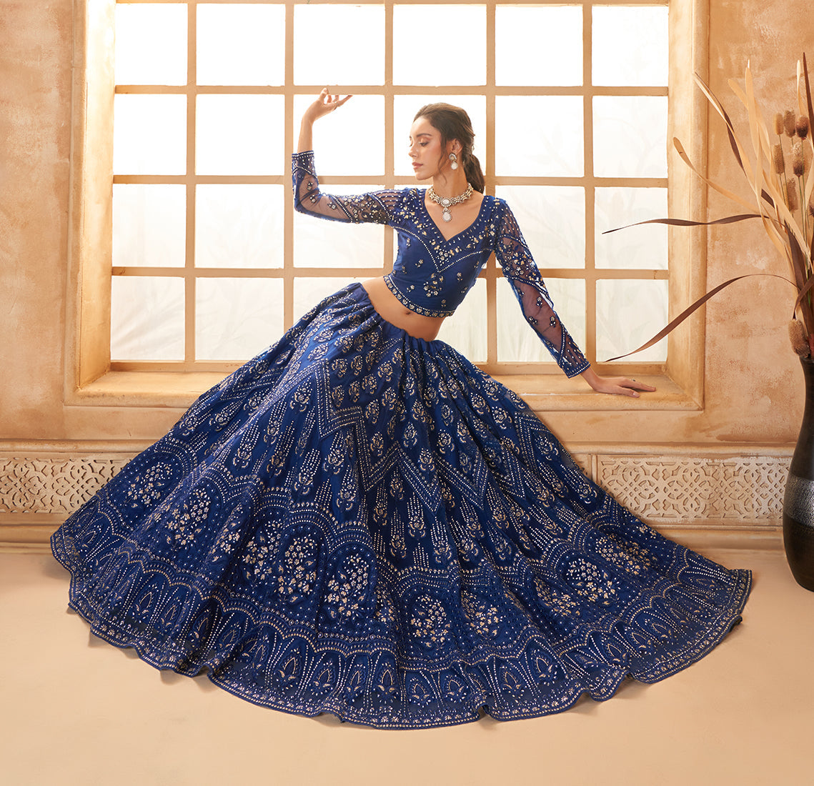 Royal Blue Net Embroidered Designer Bridal Lehenga Choli