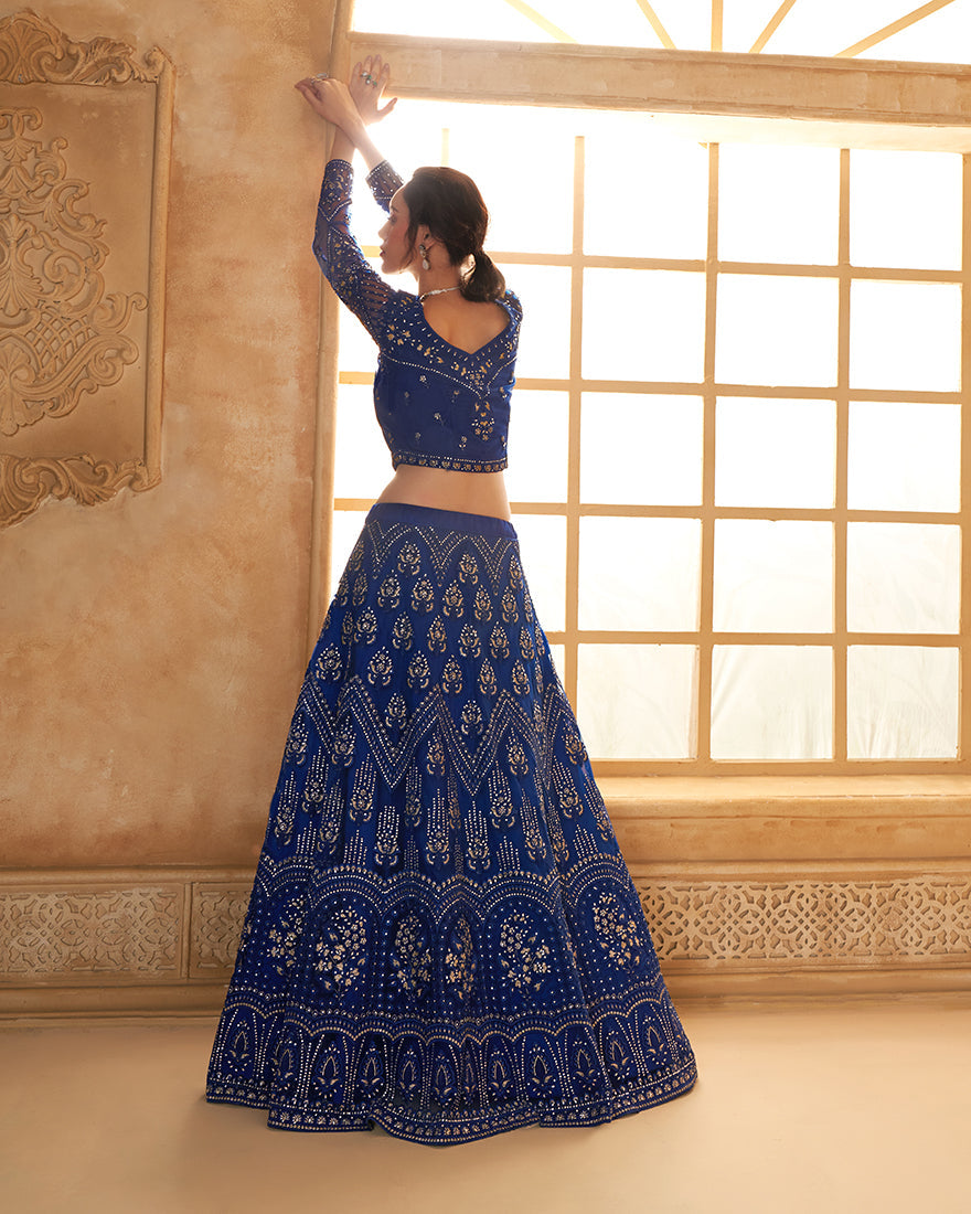 Royal Blue Net Embroidered Designer Bridal Lehenga Choli