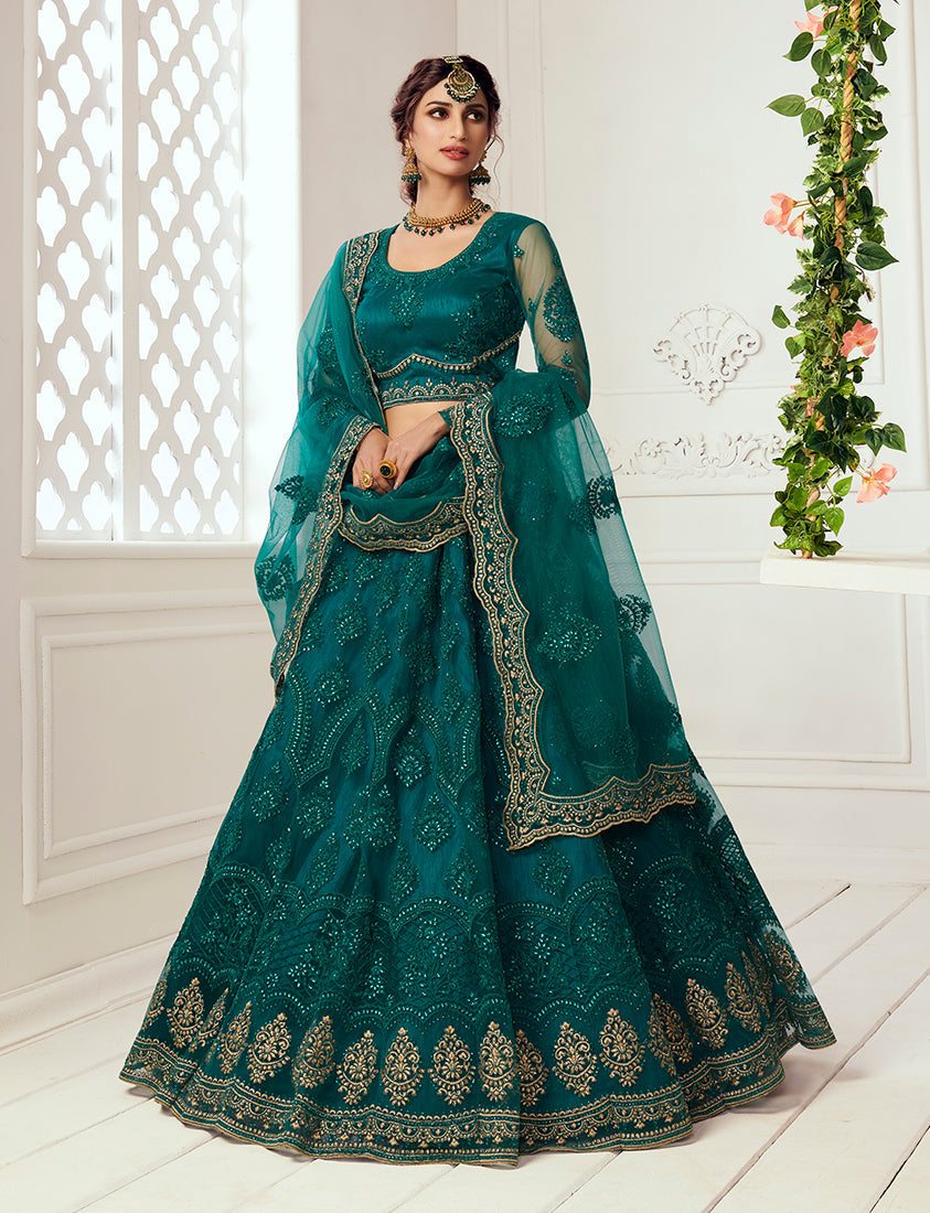 Teal Net Embroidered Designer Party Wear Lehenga Choli