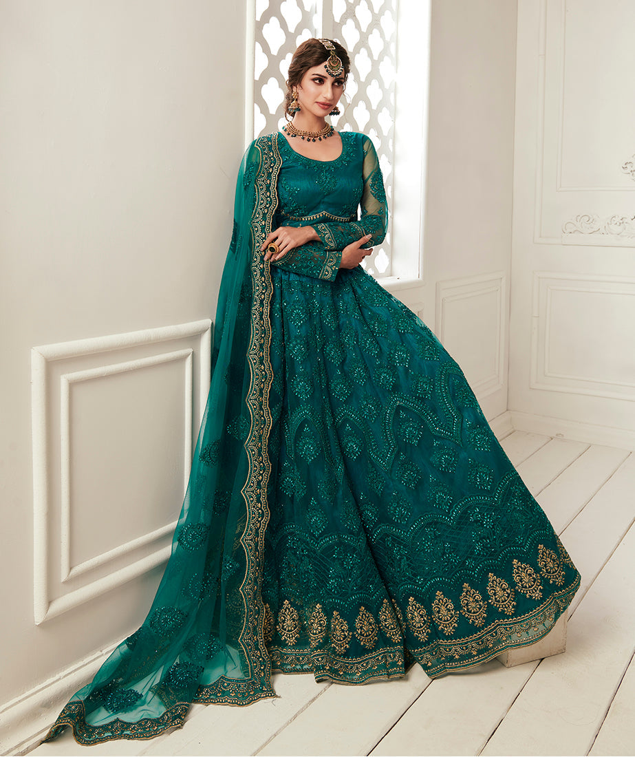 Teal Net Embroidered Designer Party Wear Lehenga Choli