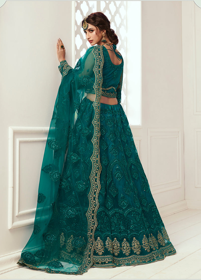 Teal Net Embroidered Designer Party Wear Lehenga Choli