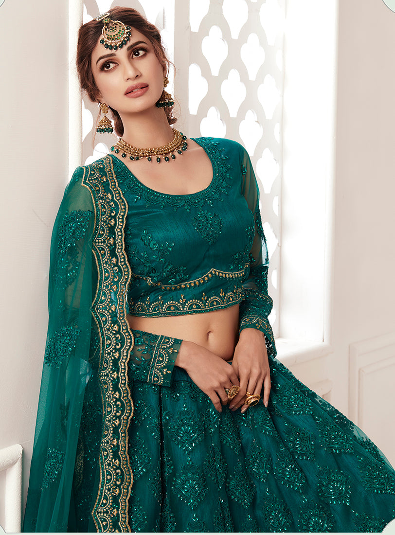 Teal Net Embroidered Designer Party Wear Lehenga Choli