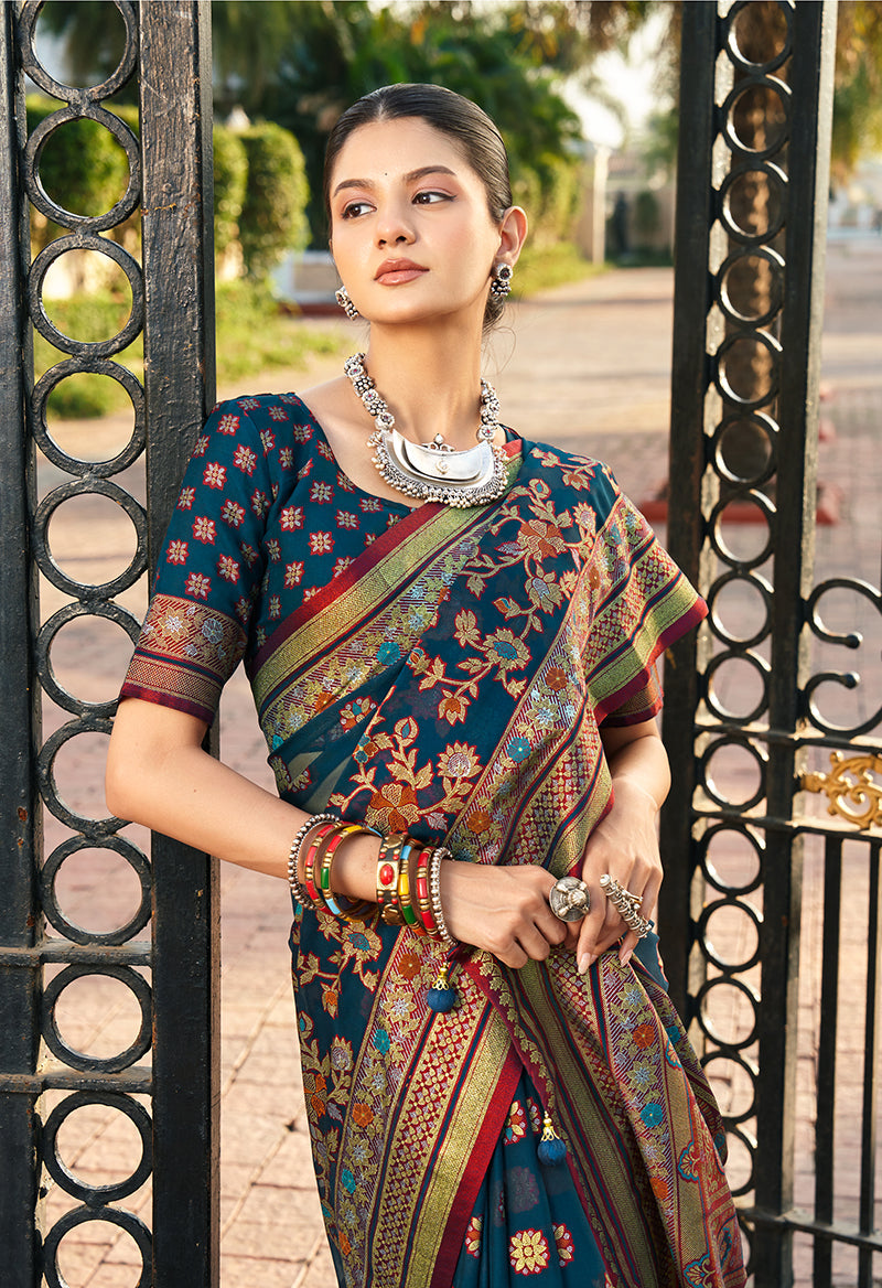 Navy Blue Poly Viscose Georgette Meenakari Jaal Banarasi Saree