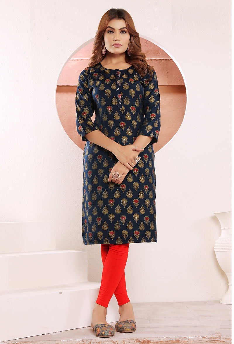 Navy blue Print Viscose  muslin Casual Office Wear Kurti