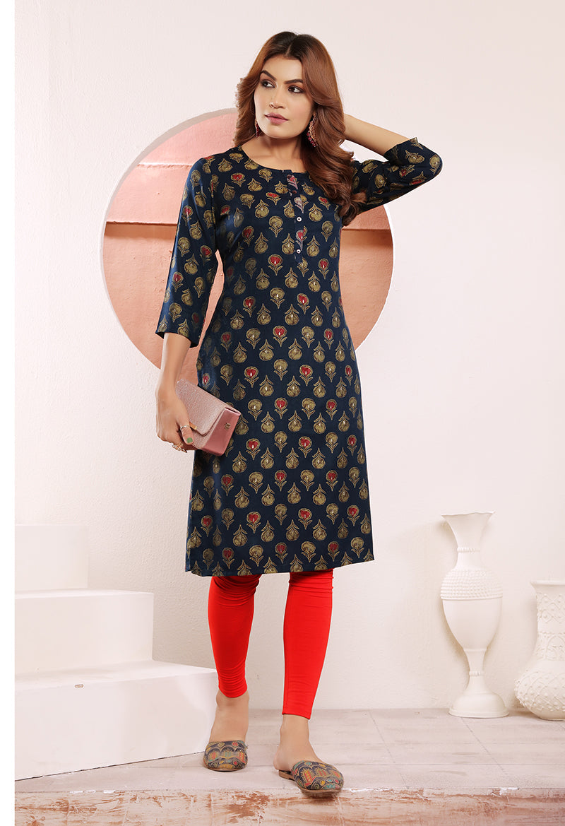 Navy blue Print Viscose  muslin Casual Office Wear Kurti