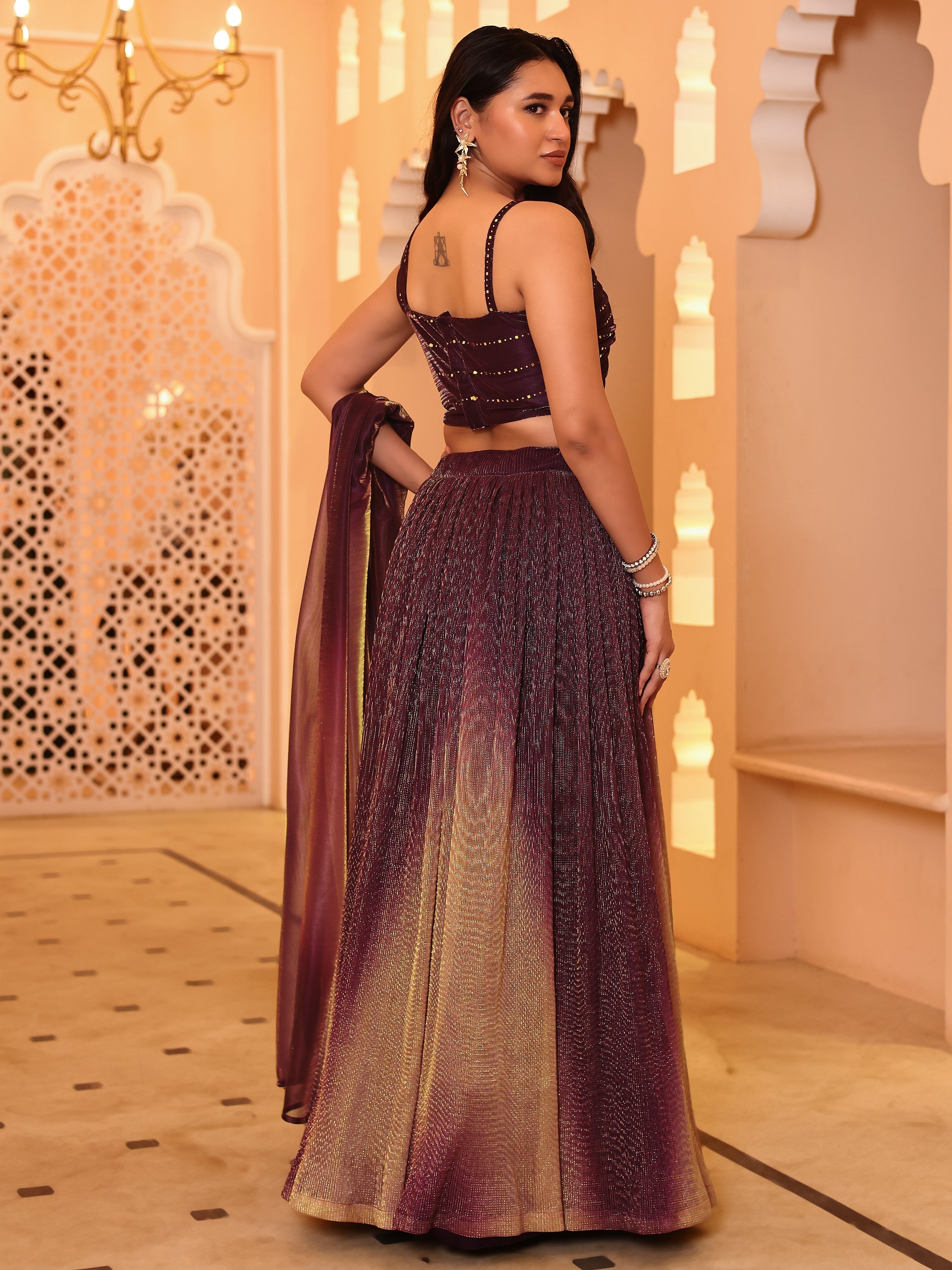 Wine Sequin Starlit Lycra Lehenga Choli
