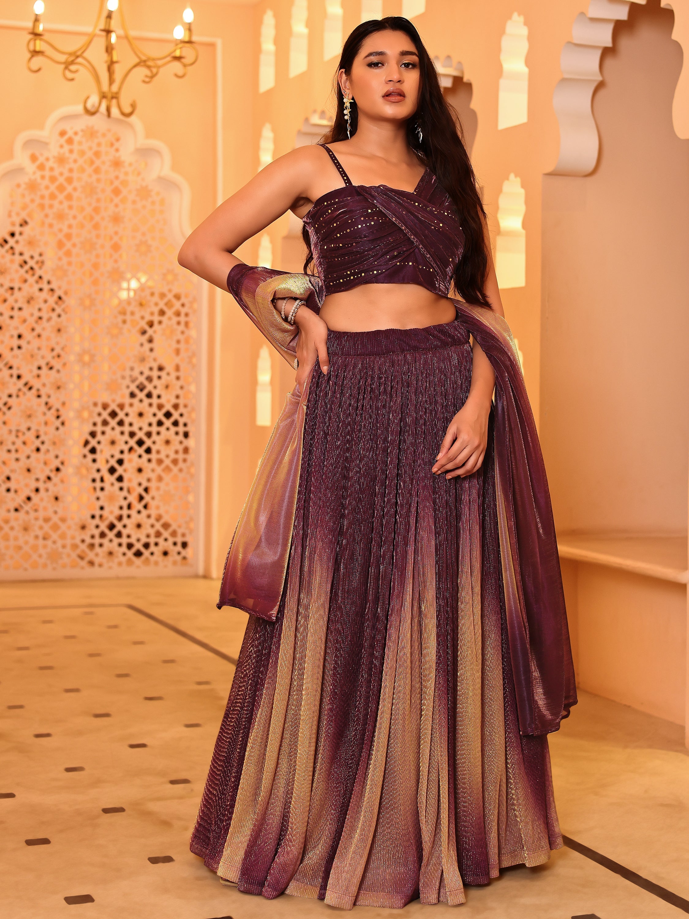 Wine Sequin Starlit Lycra Lehenga Choli