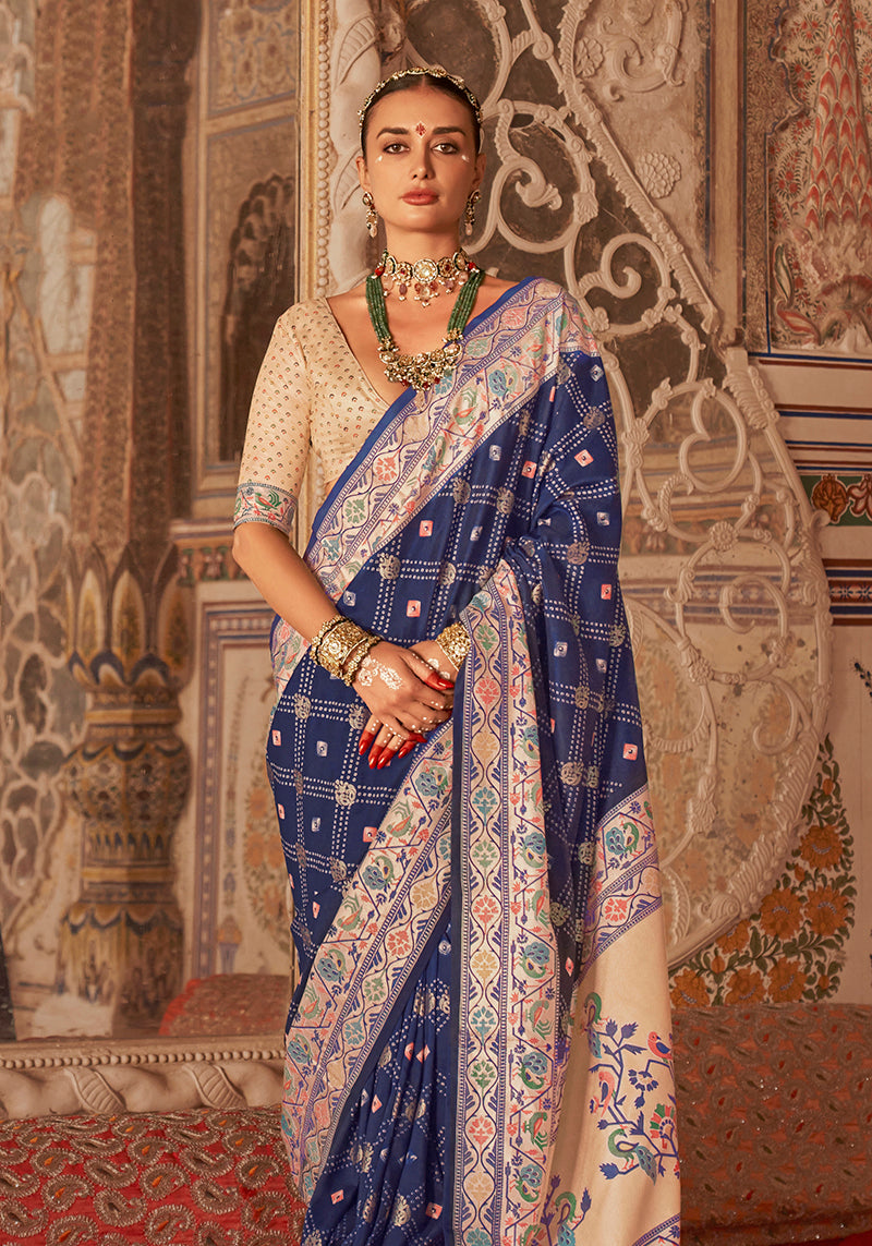 Navy Blue Silk Bandhej Print With Paithani Border Saree