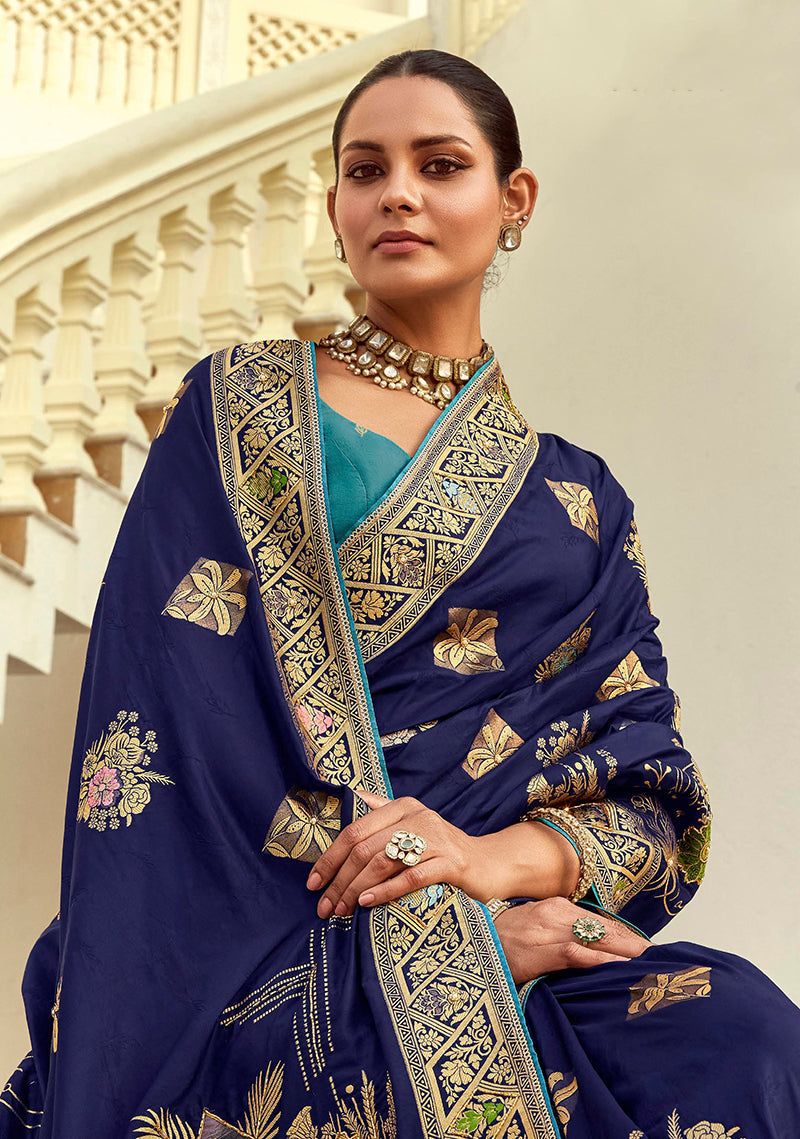 Navy Blue Silk Saree with Rich Zari Weaving & Contrast Blouse