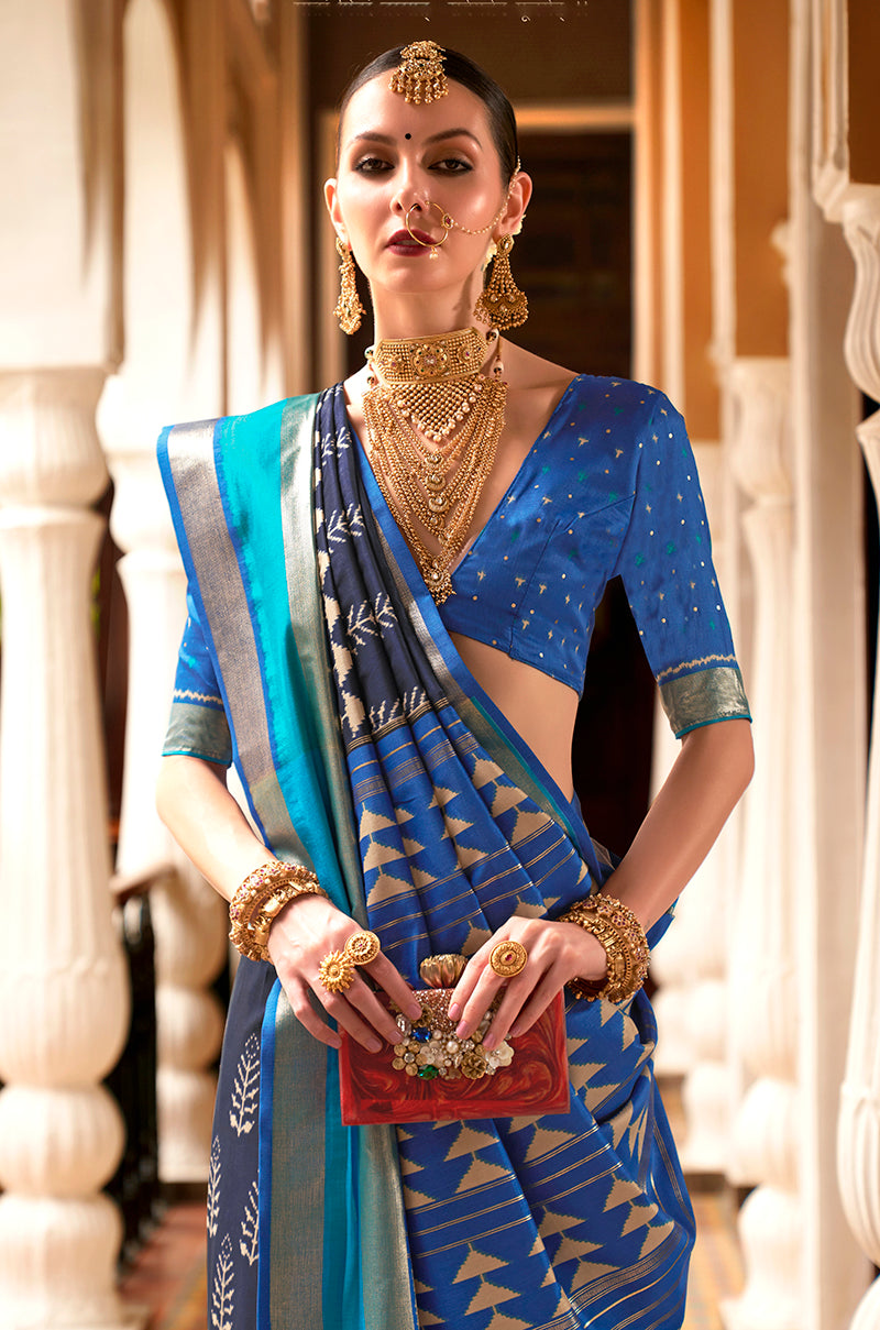 Navy Blue Silk Saree with Zari and Block Print Work