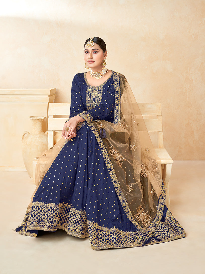 Navy blue Taffeta Silk Embroidered Wedding Wear Anarkali Suit