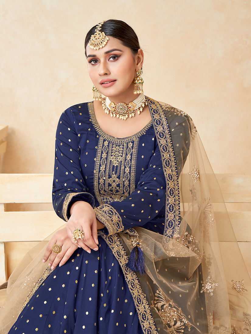 Navy blue Taffeta Silk Embroidered Wedding Wear Anarkali Suit