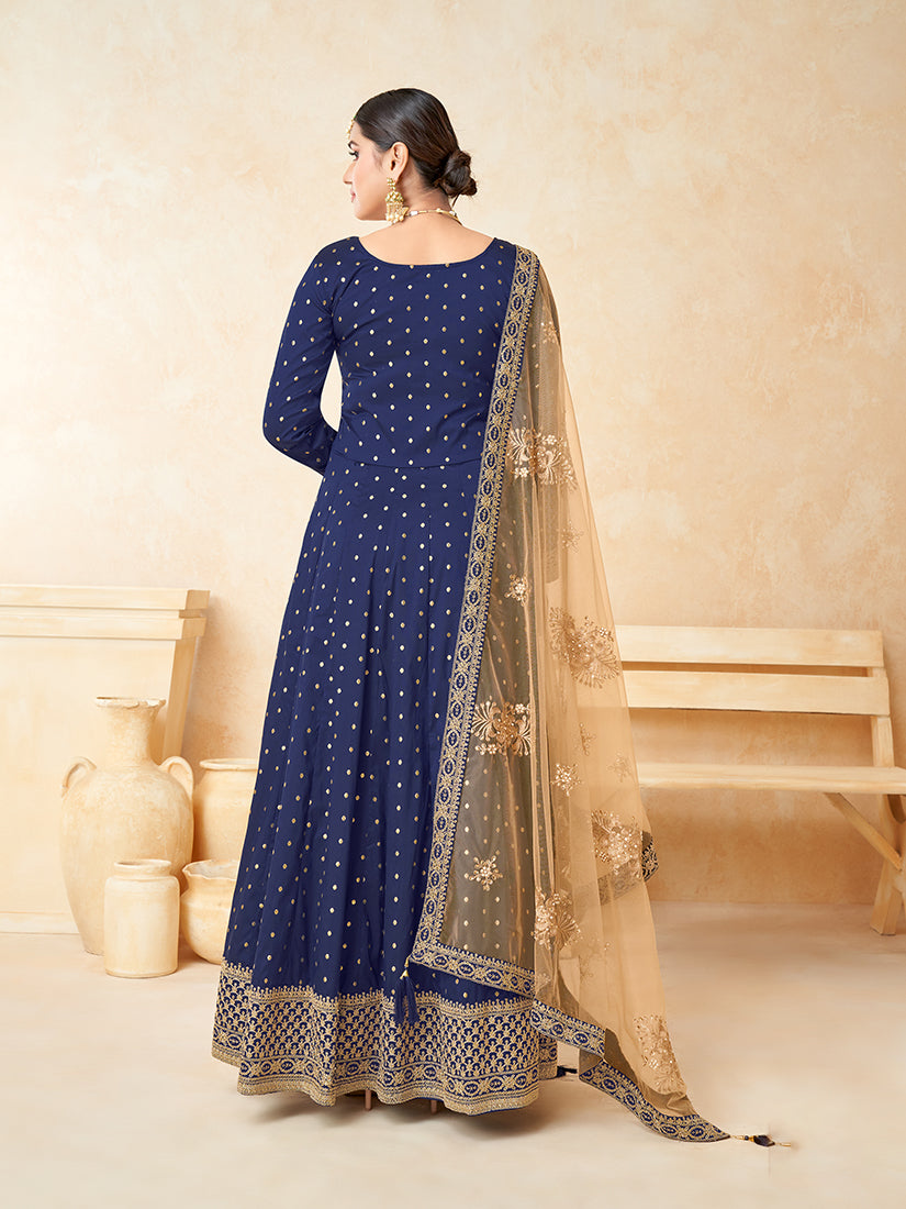 Navy blue Taffeta Silk Embroidered Wedding Wear Anarkali Suit