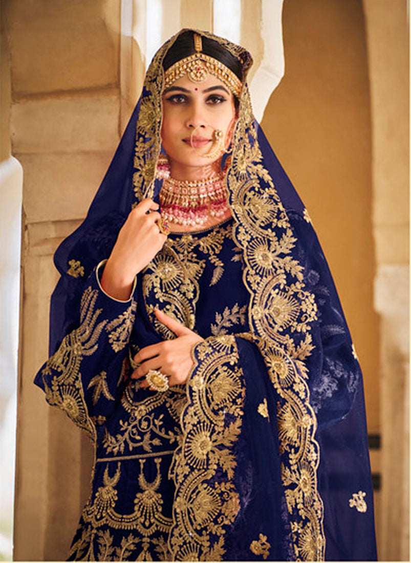 Navy Blue Velvet Embroidered Wedding Designer Lehenga Choli